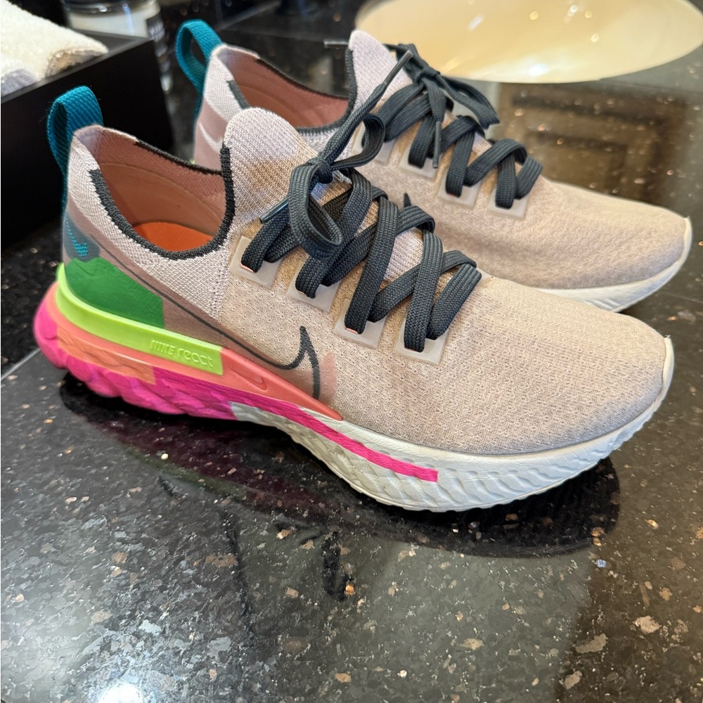 Nike React Sneakers in Beige, Pink, and Green